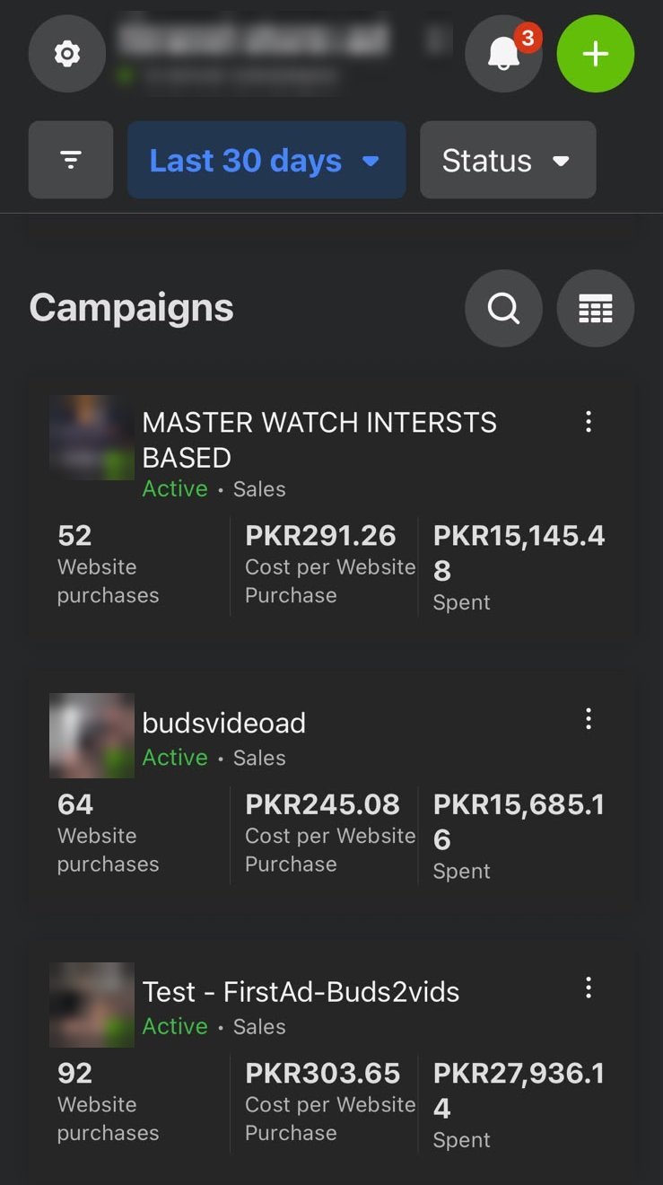 Meta Ads campaigns with 208 website purchases in 30 days at around PKR 245–303 per purchase