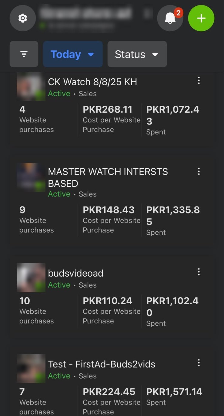 Meta Ads campaigns showing cost per website purchase from PKR 110 to 268