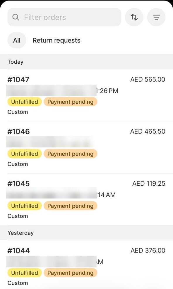 Shopify orders list for a UAE store showing new daily orders