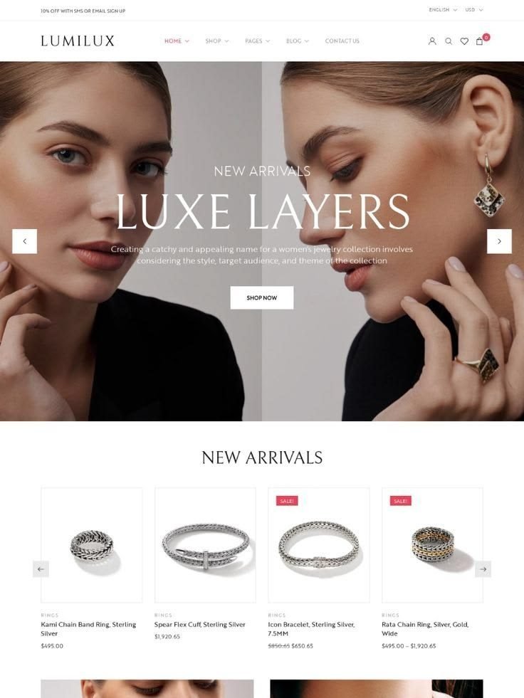 Silver jewellery store — Shopify store design style