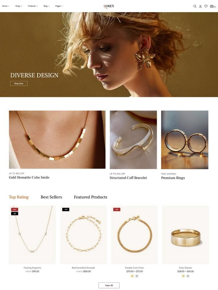 Gold jewellery store — Shopify store design style